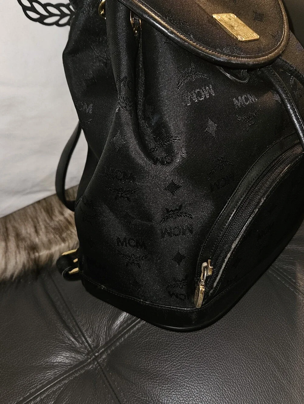 MCM Black Logo Drawstring Backpack with Gold Plaque